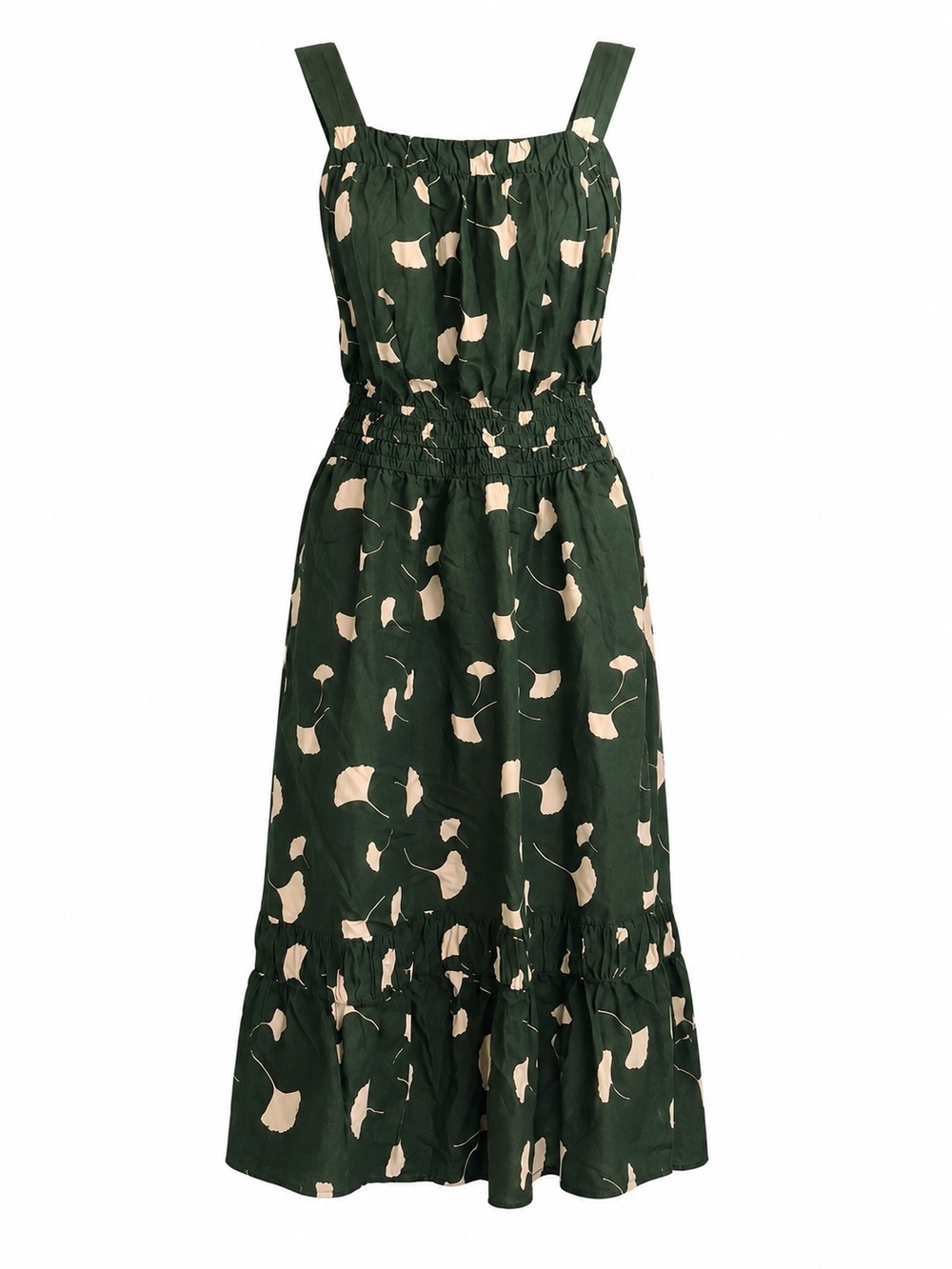 Time and Tru Dark Green Floral Midi Dress with Cream Print